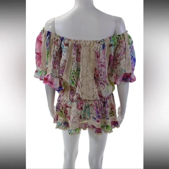 Sunday Tropez France Silk lace trim Floral Off-Shoulder Top & skirt set xs-s